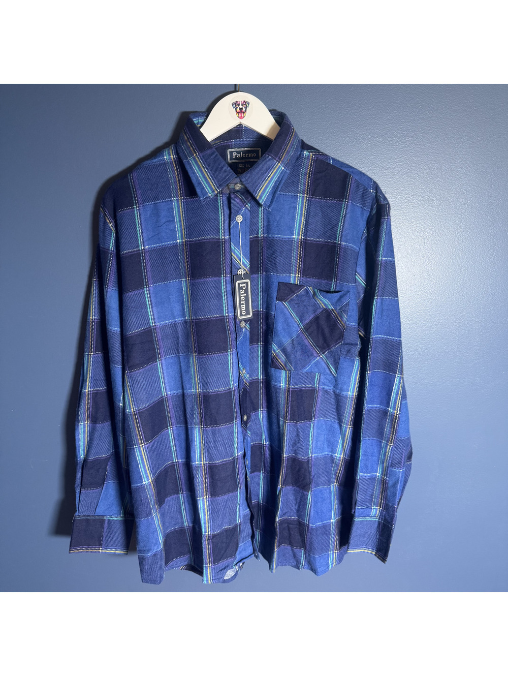 Palermo Mens Navy Plaid Flannel Button-Up Shirt Relaxed Vintage Style NWT Large